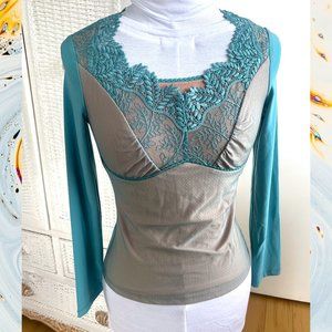 ADAM POUR EVE Teal Solid & Mesh Over Nude Lace Spandex Long Sleeve Top Sz 2